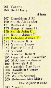 Toronto city directory for 1892 with Smith house at 175 University Ave. and James F. Peterkin at no.179.